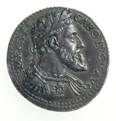चार्ल्स वी (1500-58) के ड्यूक ऑफ मिलन का परीक्षण, डाई द्वारा उत्कीर्ण, 1535-56 (ऑबवर्स) (चांदी) (रिवर्स के लिए 168055 देखें) द्वारा Leone Leoni