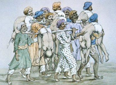 ठगों और उनके पीड़ितों का एक समूह (रंगीन लिथो) द्वारा अज्ञात अज्ञात