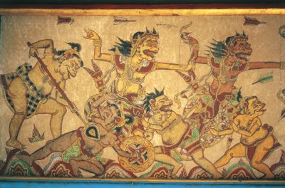 देवताओं और राक्षसों के बीच लड़ाई के दृश्यों को दर्शाने वाले भित्तिचित्र, केर्थ गोसा मंडप, क्लुंगकुंग पैलेस (पुरी अगुंग सेमरपुरा), सेमरपुरा, बाली, इंडोनेशिया द्वारा अज्ञात अज्ञात