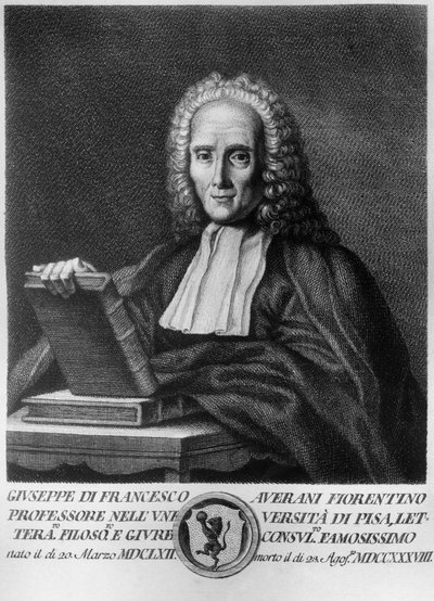 ग्यूसेप एवेरानी का पोर्ट्रेट, जिसे एवरानस (1662-1738) के रूप में जाना जाता है, इतालवी न्यायविद और प्रकृतिवादी, एलेग्रिनी द्वारा प्रकाशित शानदार टस्कन पुरुषों के चित्रों की श्रृंखला से नक़्क़ाशी द्वारा अज्ञात अज्ञात