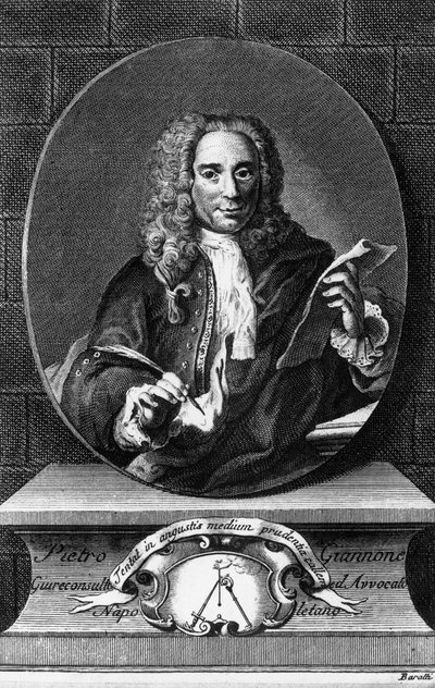 पिएत्रो जियानोन (1676-1748) का पोर्ट्रेट, इतालवी दार्शनिक, इतिहासकार, और न्यायविद, एंटोनियो बाराती (1724-1787) द्वारा उत्कीर्णन पिएत्रो जियानोन द्वारा नेपल्स के साम्राज्य के नागरिक इतिहास से, गिआम्बतिस्ता पासक्वाली द्वारा प्रकाशित द्वारा अज्ञात अज्ञात
