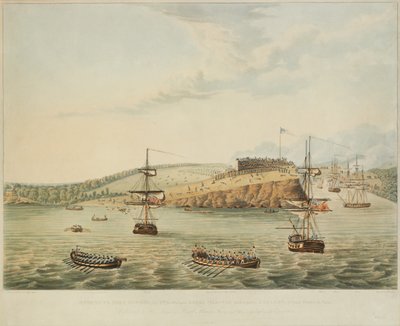 अमेरिका के लेक ओन्टारियो, फोर्ट ओस्वेगो पर हमला। 6 मई 1814, दोपहर और दूसरी बटालियन रॉयल मरीन द्वारा स्टॉर्मिंग और फोर्टिंग ओस्वागो और सीमन की एक पार्टी, दोपहर 12 बजे से 15 बजे, आर। हैवेल, 1815 द्वारा उकेरी गई द्वारा लेफ्टिनेंट जे। Hewitt