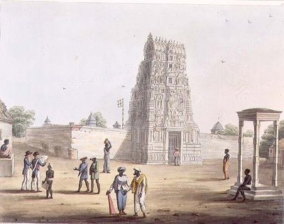 एच. मर्के (fl.1800-20) पब द्वारा उकेरी गई 'पिक्टोरियल सीनरी इन द किंगडम ऑफ मैसूर' से स्ट्रुपरमाडोर में एक शिवालय, प्लेट 23। एडवर्ड ओरमे द्वारा (1774-सी.1820) 1804 (एक्वाटिंट) द्वारा लेफ्टिनेंट जेम्स (बाद में) हंटर