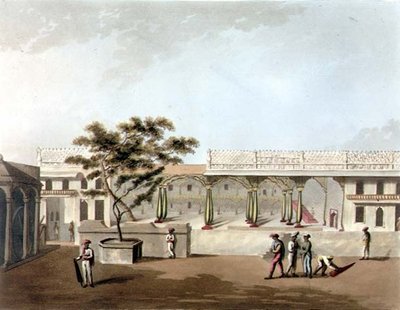 टीपू पैलेस, बैंगलोर का उत्तरी मोर्चा, एच. मर्के (fl.1800-20) पब द्वारा उकेरा गया 'मैसूर के राज्य में सचित्र दृश्यों' से प्लेट 9। एडवर्ड ओरमे द्वारा (1774-सी.1820) द्वारा लेफ्टिनेंट जेम्स (बाद में) हंटर
