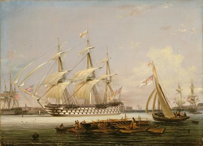 एक थ्री-डेकर एंटरिंग पोर्ट्समाउथ हार्बर, 1836 द्वारा Lieutenant Robert Strickland Thomas