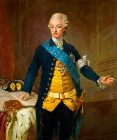 "" स्वीडन के राजा गुस्ताव III का पोर्ट्रेट (1771-1792) "" (स्वीडन के गुस्ताव III का पोर्ट्रेट) लोरेंज II पास्च द्वारा पेंटिंग (1733-1805) द्वारा छोटी दूरी पर लोरेंस