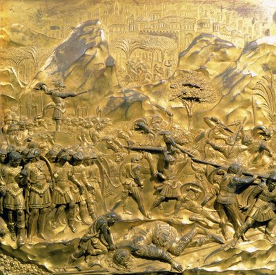 डेविड की कहानी और गोलियत, बैप्टिस्टर के पूर्वी दरवाजों का मूल पैनल, 1425-52 (गिल्ट कांस्य) (पोस्ट रिस्टोरेशन) द्वारा Lorenzo Ghiberti