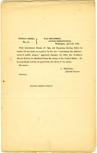सामान्य आदेश, संख्या 11, युद्ध विभाग, एडजुटेंट जनरल का कार्यालय, वाशिंगटन, 23 अप्रैल, 1861 द्वारा लोरेंजो थॉमस