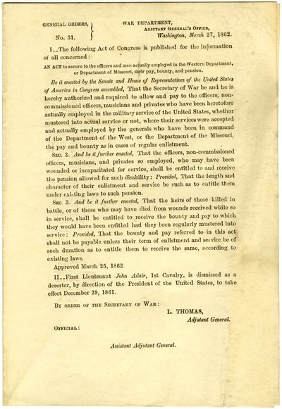 कांग्रेस का एक अधिनियम प्रकाशित करें जो पश्चिमी विभाग या मिसौरी विभाग में कार्यरत अधिकारियों और पुरुषों को वेतन, इनाम और पेंशन प्रदान करता है द्वारा लोरेंजो थॉमस