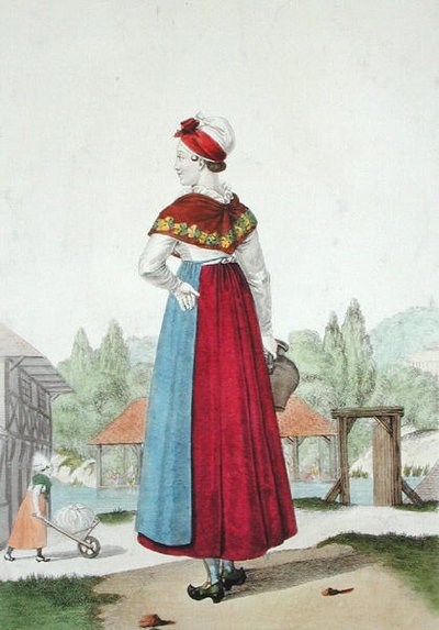 लिसीक्स की पारंपरिक पोशाक, गैटिन c.1820 द्वारा उकेरी गई (रंग उत्कीर्णन) द्वारा लुई मैरी (बाद में) लैंटे