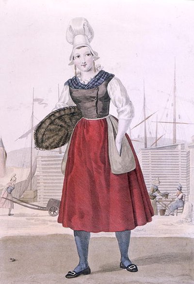 डायपे के मछली विक्रेता की पारंपरिक पोशाक, गैटिन द्वारा उकेरी गई c.1820 (रंग उत्कीर्णन) द्वारा लुई मैरी (बाद में) लैंटे