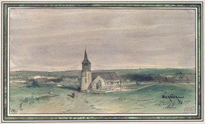 चर्च एंड विलेज इन द मिडल ऑफ़ ए फील्ड, मोंटगैन, 1866 (कागज पर पेन इन स्याही और डब्ल्यूसी) द्वारा लुई एडोल्फ हर्वियर