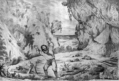 1837 के फ्रांसीसी संस्करण "" रॉबिन्सन क्रूसो "" डैनियल डेफो (डी फ़ो) की पुस्तक के लिए एम। डी सेन्सन के चित्र के बाद उत्कीर्णन के बाद तीन बार भूभाग मेरे पैरों के नीचे कांप गया। द्वारा लुई अगस्टे डे सेनसन