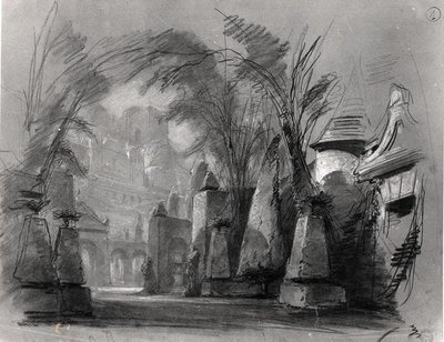 विक्टर ह्यूगो (1802-85) द्वारा 'लेस बरग्रेव्स' (1843) के लिए सेट डिज़ाइन (कागज पर पेंसिल) (बी/डब्ल्यू फोटो) द्वारा लुई बूलैंगर