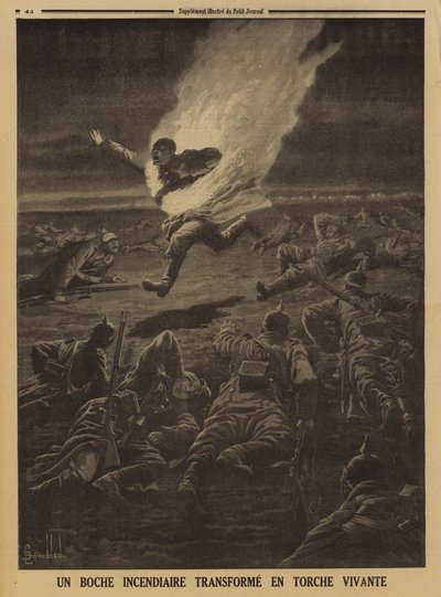 ज्वलनशील सामग्री ले जाने वाला जर्मन सैनिक एक रात की लड़ाई के दौरान मानव मशाल में बदल गया, प्रथम विश्व युद्ध द्वारा लुई चार्ल्स (बाद में) बमबारी की