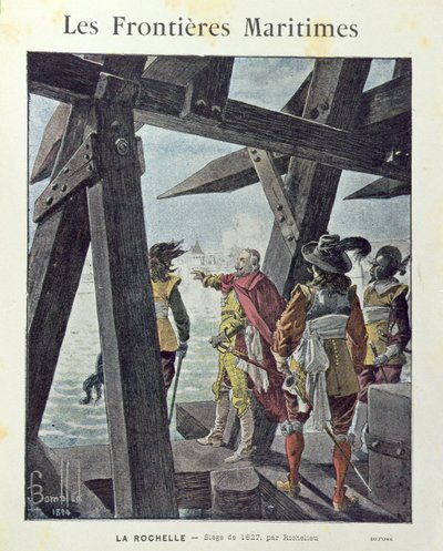 आर्मंड-जीन डु प्लेसिस, कार्डिनल डे रिचर्डेल (1585-1642) 1627 में ला रोशेल की घेराबंदी पर, स्कूल व्यायाम पुस्तक सी का कवर। 1894 द्वारा लुई चार्ल्स ने बमबारी की