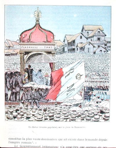 रानी रानावलोना III (1862-1917) के साथ तानानारिव में उत्सव की सभा, 'ला गुएरे ए मेडागास्कर' से, 19वीं सदी के अंत में (कलर लिथो) द्वारा लुई चार्ल्स ने बमबारी की