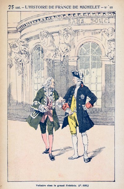 फ्रांकोइस वोल्टेयर (1694-1778) जूल्स माइकेल (1717-1874) c.1900 द्वारा &39;हिस्टोइरे डी फ्रांस&39; से पोट्सडैम के पास सैंसौसी में किंग फ्रेडरिक II (1712-86) के साथ। द्वारा लुई चार्ल्स ने बमबारी की