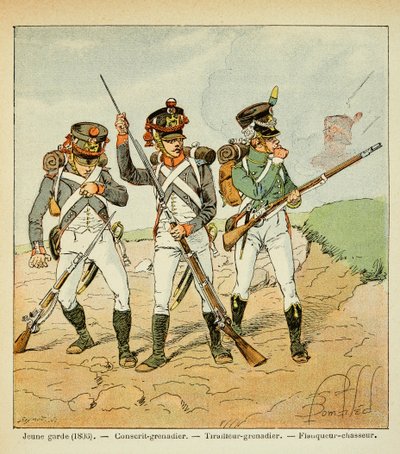 काउंट इमैनुएल डे लास केसेस (1766-1842) की पुस्तक "द मेमोरियल ऑफ सेंट हेलेन" से बॉम्बल्ड लुइस (1862-1927) का चित्रण: द यंग गार्ड ऑफ 1806: कॉन्स्क्रिप्ट ग्रेनेडियर; शूटर ग्रेनेडियर और फ्लैंकर हंटर, निजी संग्रह द्वारा लुई चार्ल्स ने बमबारी की