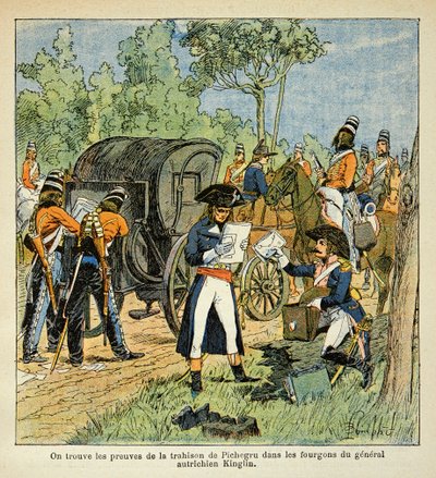 काउंट इमैनुएल डी लास केसेस (1766-1842) की पुस्तक "द मेमोरियल ऑफ सेंट हेलेन" से बॉम्बल्ड लुइस (1862-1927) द्वारा चित्रण: राइन के पारित होने के दौरान, मोरो ने पिचेग्रु और प्रिंस ऑफ कॉनडे के बीच पत्राचार का पता लगाया। की वैन द्वारा लुई चार्ल्स ने बमबारी की
