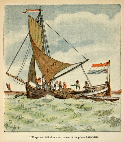 काउंट इमैनुएल डी लास केसेस (1766-1842) की पुस्तक "द मेमोरियल ऑफ सेंट हेलेन" से बॉम्बल्ड लुइस (1862-1927) का चित्रण: नेपोलियन ने हॉलैंड की अपनी यात्रा के दौरान एक डच पायलट को एक नाव दान की थी। द्वारा लुई चार्ल्स ने बमबारी की
