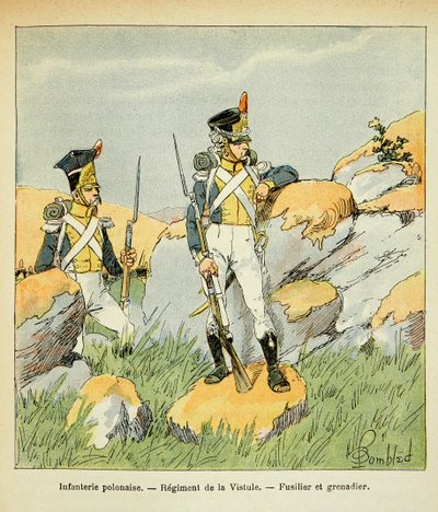 काउंट इमैनुएल डी लास केसेस (1766-1842) द्वारा "द मेमोरियल ऑफ सेंट हेलेन" पुस्तक से बॉम्बल्ड लुइस (1862-1927) द्वारा चित्रण: पोलिश इन्फैंट्री; विस्तुला की रेजिमेंट; फ्यूसिलियर और ग्रेनेडियर, निजी संग्रह द्वारा लुई चार्ल्स ने बमबारी की