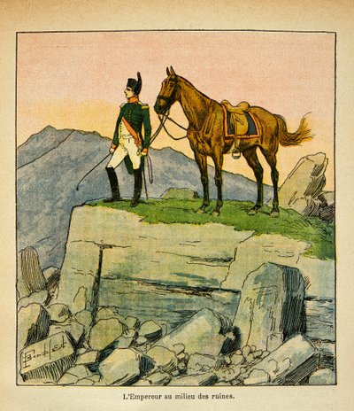 काउंट इमैनुएल डी लास केसेस (1766-1842) की पुस्तक "द मेमोरियल ऑफ सेंट हेलेन" से बॉम्बल्ड लुइस (1862-1927) का चित्रण: खंडहर के बीच में सम्राट नेपोलियन, निजी संग्रह द्वारा लुई चार्ल्स ने बमबारी की