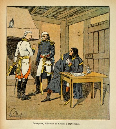 काउंट इमैनुएल डे लास केसेस (1766-1842) की पुस्तक "द मेमोरियल ऑफ सेंट हेलेन" से बॉम्बल्ड लुइस (1862-1927) का चित्रण: बोनापार्ट, जीन मैथ्यू फिलिबर्ट सेरुरियर (1742-1819) और जोहान वॉन क्लेनौ (1758-1819) ) इतालवी Ca . के दौरान रोवरबेलो में द्वारा लुई चार्ल्स ने बमबारी की