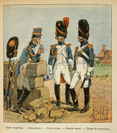 काउंट इमैनुएल डी लास केसेस (1766-1842) द्वारा "द मेमोरियल ऑफ सेंट हेलेन" पुस्तक से बॉम्बल्ड लुइस (1862-1927) का चित्रण: इंपीरियल गार्ड के ग्रेनेडियर्स: छोटा संगठन; बड़ा पहनावा और देशी पोशाक, निजी संग्रह द्वारा लुई चार्ल्स ने बमबारी की