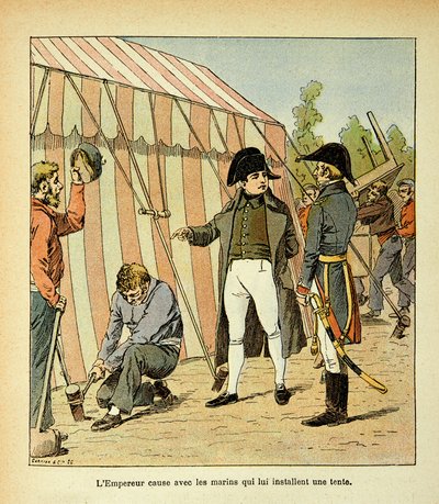 काउंट इमैनुएल डी लास केसेस (1766-1842) की पुस्तक "द मेमोरियल ऑफ सेंट हेलेन" से बॉम्बल्ड लुइस (1862-1927) का चित्रण: सम्राट नेपोलियन उन नाविकों के साथ बात कर रहे हैं जिन्होंने उनके लिए एक तम्बू स्थापित किया है, निजी संग्रह द्वारा लुई चार्ल्स ने बमबारी की