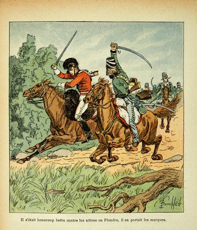 काउंट इमैनुएल डे लास केसेस (1766-1842) की पुस्तक "द मेमोरियल ऑफ सेंट हेलेन" से बॉम्बल्ड लुइस (1862-1927) का चित्रण: फ्रांसीसी और अंग्रेजी घुड़सवारों के बीच मुकाबला, निजी संग्रह द्वारा लुई चार्ल्स ने बमबारी की