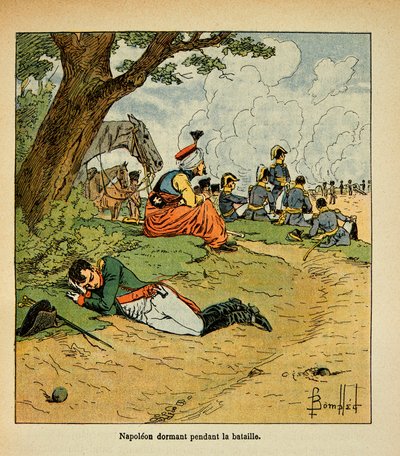 काउंट इमैनुएल डी लास केसेस (1766-1842) की पुस्तक "द मेमोरियल ऑफ सेंट हेलेन" से बॉम्बल्ड लुइस (1862-1927) का चित्रण: लड़ाई के दौरान सोते हुए सम्राट नेपोलियन, निजी संग्रह द्वारा लुई चार्ल्स ने बमबारी की