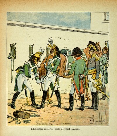 काउंट इमैनुएल डे लास केसेस (1766-1842) की पुस्तक "द मेमोरियल से सैंट हेलेन" से बॉम्बल्ड लुइस (1862-1927) का चित्रण: सम्राट नेपोलियन ने सेंट जर्मेन, निजी संग्रह के स्कूल का निरीक्षण किया द्वारा लुई चार्ल्स ने बमबारी की