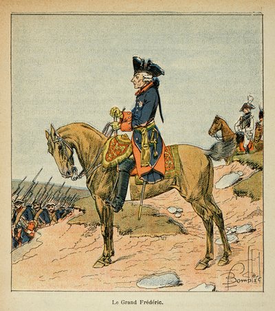काउंट इमैनुएल डी लास केसेस (1766-1842) द्वारा "द मेमोरियल से सैंट हेलेन" पुस्तक से बॉम्बल्ड लुइस (1862-1927) का चित्रण: प्रशिया के फ्रेडरिक II का इक्वेस्ट्रियन पोर्ट्रेट जिसे ग्रेट फ्रेडरिक कहा जाता है (1712 - 1786), निजी संग्रह द्वारा लुई चार्ल्स ने बमबारी की