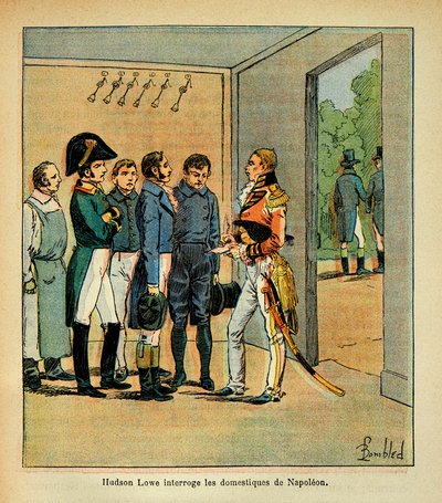 काउंट इमैनुएल डी लास केसेस (1766-1842) की पुस्तक "द मेमोरियल ऑफ सेंट हेलेन" से बॉम्बल्ड लुइस (1862-1927) का चित्रण: गवर्नर हडसन लोव (1769-1844) ने सम्राट नेपोलियन के सेवकों से सवाल किया, निजी संग्रह द्वारा लुई चार्ल्स ने बमबारी की