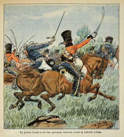 काउंट इमैनुएल डी लास केसेस (1766-1842) की पुस्तक "द मेमोरियल ऑफ सेंट हेलेन" से बॉम्बल्ड लुइस (1862-1927) का चित्रण: साल्फेल्ड की लड़ाई के दौरान प्रशिया के राजकुमार लुई फर्डिनेंड की मृत्यु (1772-1806)। 10 द्वारा लुई चार्ल्स ने बमबारी की