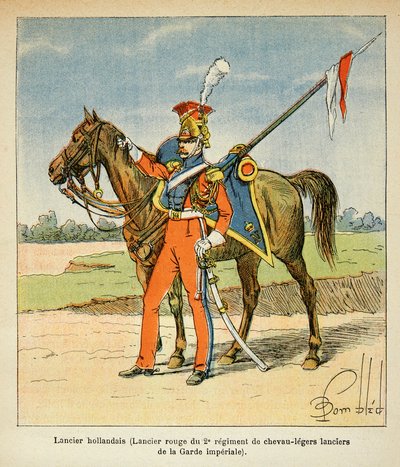 काउंट इमैनुएल डे लास केसेस (1766-1842) की पुस्तक "द मेमोरियल ऑफ सेंट हेलेन" से बॉम्बल्ड लुइस (1862-1927) का चित्रण: एक डच लांसर का पोर्ट्रेट (द्वितीय का लाल लांसर, हल्के घोड़ों की रेजीमेंट इंपीरियल गार्ड), निजी संग्रह द्वारा लुई चार्ल्स ने बमबारी की