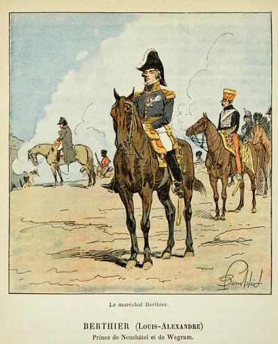 काउंट इमैनुएल डे लास केसेस (1766-1842) की पुस्तक "द मेमोरियल ऑफ सेंट हेलेन" से बॉम्बल्ड लुइस (1862-1927) का चित्रण: मारेचल लुई अलेक्जेंड्रे बर्थियर (1753-1815), नेफचैट के राजकुमार और के घुड़सवारी चित्र वग्राम, प्राइवेट कलेक्ट द्वारा लुई चार्ल्स ने बमबारी की
