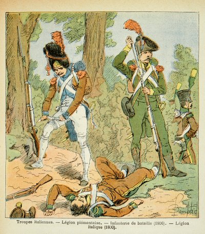 काउंट इमैनुएल डे लास केसेस (1766-1842) की पुस्तक "द मेमोरियल ऑफ सेंट हेलेन" से बॉम्बल्ड लुइस (1862-1927) का चित्रण: इटालियन ट्रूप्स, पाइमोंटेज लीजन: बैटल इन्फैंट्री (1806, इटैलिक लीजन (1800), प्राइवेट कलेक्शन द्वारा लुई चार्ल्स ने बमबारी की