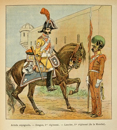 काउंट इमैनुएल डे लास केसेस (1766-1842) की पुस्तक "द मेमोरियल ऑफ सेंट हेलेन" से बॉम्बल्ड लुइस (1862-1927) का चित्रण: स्पेनिश आर्मी: 1 रेजिमेंट का ड्रैगन और चैनल की पहली रेजिमेंट का लैंसियर, निजी संग्रह द्वारा लुई चार्ल्स ने बमबारी की
