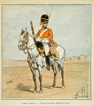 काउंट इमैनुएल डे लास केसेस (1766-1842) की पुस्तक "द मेमोरियल ऑफ सेंट हेलेन" से बॉम्बल्ड लुइस (1862-1927) का चित्रण: अंग्रेजी आर्मी: स्कॉटिश ड्रेगन (स्कॉच ग्रे), निजी संग्रह द्वारा लुई चार्ल्स ने बमबारी की