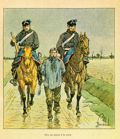 लुई बॉम्बल्ड (1862-1927) (फ्रेंको-जर्मन युद्ध; 1870 -1871 का अभियान) द्वारा सचित्र ल'आर्मी डे ल'एस्ट डी यूजीन सार्जेंट, डिट ग्रेनेस्ट: फ्रैंक शूटर ने हाथ में हथियार लिए और गिरफ्तार किया, संग्रह आंशिक द्वारा लुई चार्ल्स ने बमबारी की