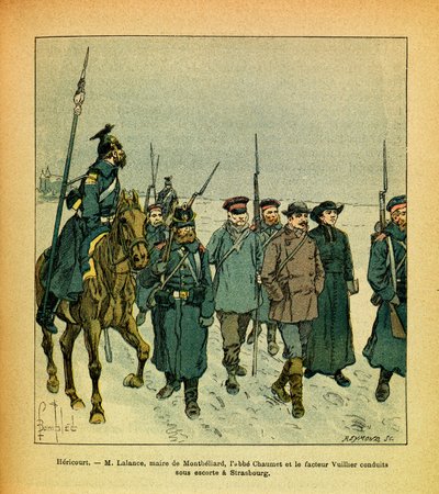 L'Armee de l'Est de Eugene Sergent, dit Grenest, लुइस बॉम्बल्ड (1862-1927) (फ्रेंको-जर्मन युद्ध; 1870 -1871 का अभियान) द्वारा सचित्र: जनवरी 1871, हेरिकोर्ट, एम लालेंस, मोंटबेलियार्ड के मेयर, अब्बे चौमेट और Vuillier, प्रशिया के अनुरक्षण के तहत नेतृत द्वारा लुई चार्ल्स ने बमबारी की
