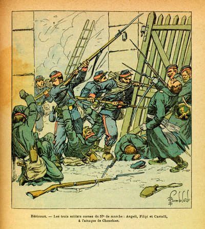 L'Armee de l'Est de Eugene Sergent, dit Grenest, लुइस बॉम्बल्ड (1862-1927) (फ्रेंको-जर्मन युद्ध; 1870 -1871 का अभियान) द्वारा सचित्र: जनवरी 1871, हेरिकोर्ट, 57 के कोर्सीकन सैनिक, वें मार्च तक चेनबियर, प्राइवेट कॉलेज के गांव पर हमला द्वारा लुई चार्ल्स ने बमबारी की