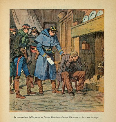 यूजीन सर्जेंट द्वारा L'Armee de la Loire, dit Grenest, लुई बॉम्बल्ड द्वारा सचित्र (1862-1927) (फ्रेंको-जर्मन युद्ध; 1870-1871 का अभियान): कमांडर सैफ़लेट लैंचेट किसान को बॉडी केस पर 875 फ़्रैंक का वाउचर देता है , निजि संग्रह द्वारा लुई चार्ल्स ने बमबारी की