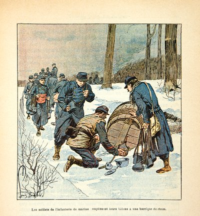 लुई बॉम्बल्ड (1862-1927) (फ्रेंको-जर्मन युद्ध; 1870 -1871 का अभियान) द्वारा सचित्र यूजीन सर्जेंट द्वारा ल'आर्मी डे ला लॉयर: नौसेना पैदल सेना के सैनिक अपने डिब्बे को रम के बैरल से भरते हैं, संग्रह आंशिक द्वारा लुई चार्ल्स ने बमबारी की