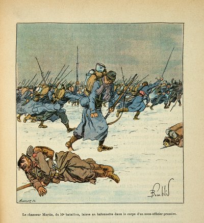 L'Armee de la Loire de Eugene Sergent, dit Grenest, लुइस बॉम्बल्ड (1862-1927) (फ्रेंको-जर्मन युद्ध; 1870 -1871 का अभियान) द्वारा सचित्र: ले मैन्स की लड़ाई, जनवरी 1871, 10 वीं बटालियन के शिकारी मार्टिन एक प्रशिया के शरीर में अपनी संगीन छोड़ देता है द्वारा लुई चार्ल्स ने बमबारी की