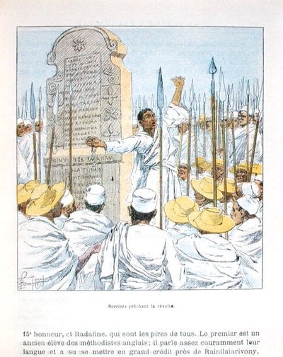 1895 में मेडागास्कर पर फ्रांसीसी कब्जे के बाद फ्रांस के खिलाफ विद्रोह का उपदेश देने वाले जादूगर, डीएचगली द्वारा 'ला ग्वेरे ए मेडागास्कर' का चित्रण, 19 वीं शताब्दी के अंत में (रंग लिथो) द्वारा लुई चार्ल्स ने बमबारी की