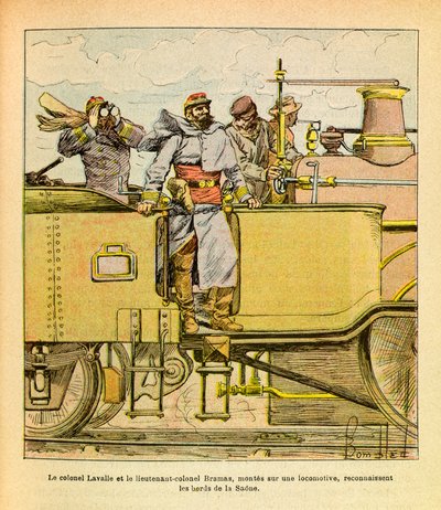 यूजीन सार्जेंट की पूर्वी सेना, डिट ग्रेनेस्ट, लुई बॉम्बल्ड (1862-1927) (फ्रेंको-जर्मन युद्ध; 1870-1871 का अभियान) द्वारा सचित्र: दिसंबर 1870 में कर्नल लावले और लेफ्टिनेंट कर्नल ब्रामास ने एक लोकोमोटिव पर चढ़कर तट को मान्यता दी। सओन द्वारा लुई चार्ल्स ने बमबारी की