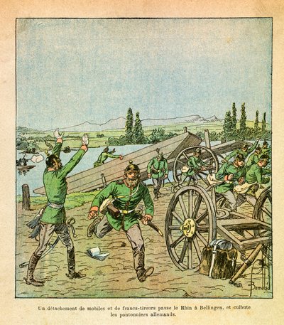 लुइस बॉम्बल्ड (1862-1927) (फ्रेंको-जर्मन युद्ध; 1870-1871 का अभियान) द्वारा सचित्र यूजीन सार्जेंट की पूर्वी आर्मी, ग्रेनेस्ट के रूप में जाना जाता है: फ्रांसीसी उद्देश्यों और स्निपर्स की एक टुकड़ी ने राइन को पार किया और जर्मन पुल श्रमिकों को हिलाकर रख दिया, द्वारा लुई चार्ल्स ने बमबारी की